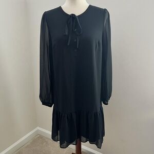 Draper James Black Chiffon Drop Waist Ruffle Mini Dress Sheer Sleeve‎ Small